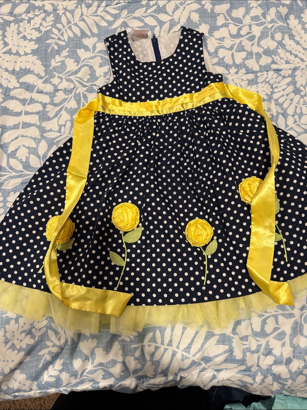 Nannette Navy Polka Dot Dress with Yellow Ribbon & Flower Appliqués 4T girls